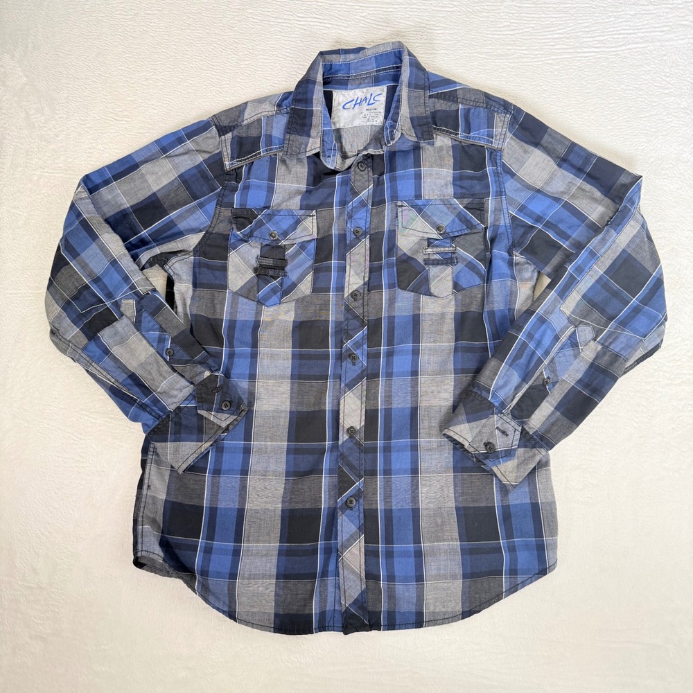 Chalc Mens Plaid Button Down Shirt Blue Grey Black Long Sleeve Medium Gorpcore